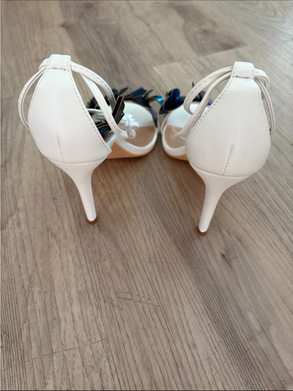 I adore White Ankle-Tie Heels with Blue and Black Butterfly Accents laceup